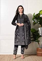Black Digital Print Velvet Suit With Shawl - Set of 3