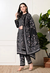 Black Digital Print Velvet Suit With Shawl - Set of 3