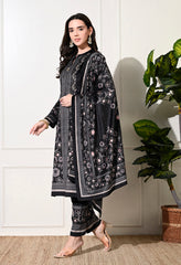 Black Digital Print Velvet Suit With Shawl - Set of 3