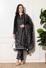 Black Digital Print Velvet Suit With Shawl - Set of 3