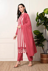 Peach Knitted Woolen Suit with Embroidered Organza Border - Set of 3