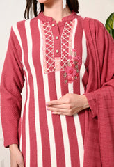 Peach Knitted Woolen Suit with Embroidered Organza Border - Set of 3