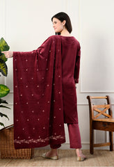 Maroon Velvet 3-Piece Suit with Foil Work (Kurta, Bottom and Shawl)