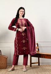 Maroon Velvet 3-Piece Suit with Foil Work (Kurta, Bottom and Shawl)