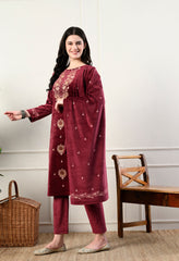 Maroon Velvet 3-Piece Suit with Foil Work (Kurta, Bottom and Shawl)
