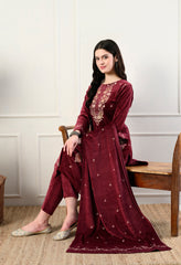 Maroon Velvet 3-Piece Suit with Foil Work (Kurta, Bottom and Shawl)