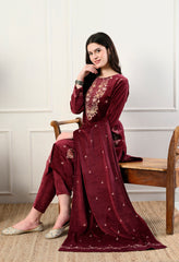 Maroon Velvet 3-Piece Suit with Foil Work (Kurta, Bottom and Shawl)