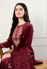 Maroon Velvet 3-Piece Suit with Foil Work (Kurta, Bottom and Shawl)