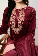 Maroon Velvet 3-Piece Suit with Foil Work (Kurta, Bottom and Shawl)