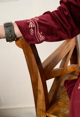 Maroon Velvet 3-Piece Suit with Foil Work (Kurta, Bottom and Shawl)