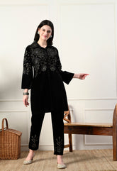 Indo-Western Black Embroidered 2 Piece Velvet Suit