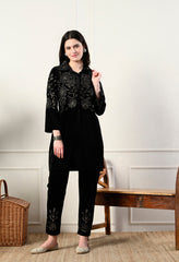 Indo-Western Black Embroidered 2 Piece Velvet Suit