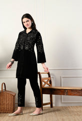 Indo-Western Black Embroidered 2 Piece Velvet Suit