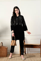 Indo-Western Black Embroidered 2 Piece Velvet Suit