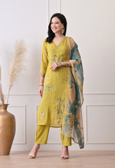 Golden Yellow Mul Chanderi Applique Work Suit -Set of 3