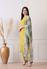 Golden Yellow Mul Chanderi Applique Work Suit -Set of 3