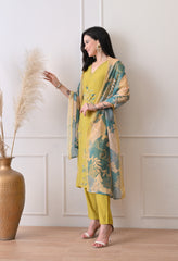 Golden Yellow Mul Chanderi Applique Work Suit -Set of 3