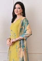 Golden Yellow Mul Chanderi Applique Work Suit -Set of 3