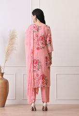 Peach Soft Pure Organza Embroidered Suit - Set of 3