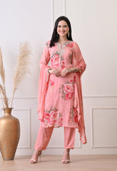 Peach Soft Pure Organza Embroidered Suit - Set of 3