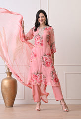 Peach Soft Pure Organza Embroidered Suit - Set of 3