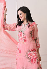 Peach Soft Pure Organza Embroidered Suit - Set of 3