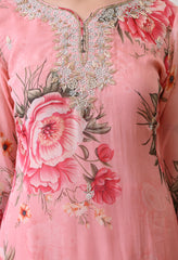 Peach Soft Pure Organza Embroidered Suit - Set of 3