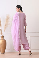 Lavender Pure Crepe Hand Embroidered Suit- Set of 3