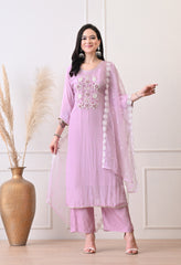 Lavender Pure Crepe Hand Embroidered Suit- Set of 3