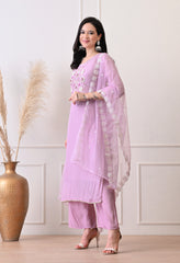 Lavender Pure Crepe Hand Embroidered Suit- Set of 3