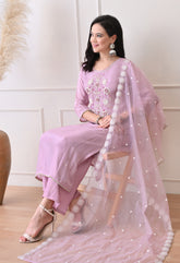 Lavender Pure Crepe Hand Embroidered Suit- Set of 3