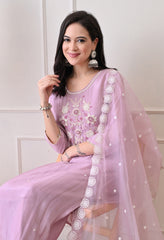Lavender Pure Crepe Hand Embroidered Suit- Set of 3