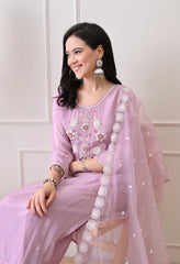 Lavender Pure Crepe Hand Embroidered Suit- Set of 3