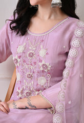 Lavender Pure Crepe Hand Embroidered Suit- Set of 3