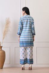 Cream Blue Soft Cotton Linen Digital Print Co-ord Set- Set of 2