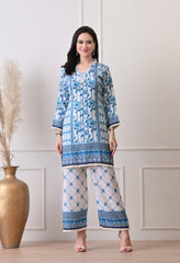 Cream Blue Soft Cotton Linen Digital Print Co-ord Set- Set of 2
