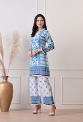 Cream Blue Soft Cotton Linen Digital Print Co-ord Set- Set of 2