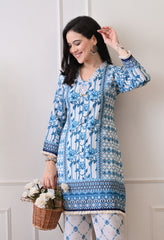 Cream Blue Soft Cotton Linen Digital Print Co-ord Set- Set of 2