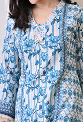 Cream Blue Soft Cotton Linen Digital Print Co-ord Set- Set of 2