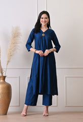 Blue Vertical Silk A-Line Kurta With Pants- Set of 2
