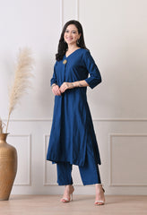 Blue Vertical Silk A-Line Kurta With Pants- Set of 2