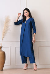 Blue Vertical Silk A-Line Kurta With Pants- Set of 2