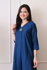 Blue Vertical Silk A-Line Kurta With Pants- Set of 2