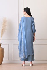 Blue Mul Chanderi Hand Embroidery Suit- Set of 3