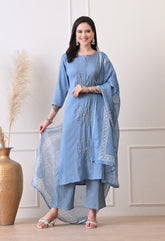 Blue Mul Chanderi Hand Embroidery Suit- Set of 3