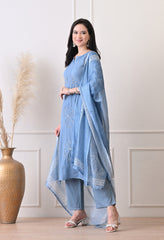 Blue Mul Chanderi Hand Embroidery Suit- Set of 3