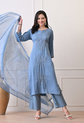 Blue Mul Chanderi Hand Embroidery Suit- Set of 3