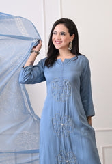 Blue Mul Chanderi Hand Embroidery Suit- Set of 3
