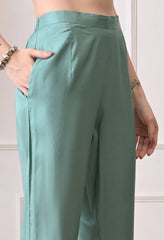 Green Pure Banarasi Silk Embroidered Suit- Set of 3