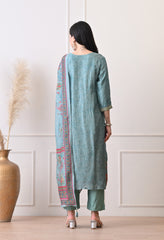 Green Pure Banarasi Silk Embroidered Suit- Set of 3